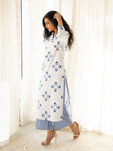 Cotton Floral Motif Kurta Set - Blue & White