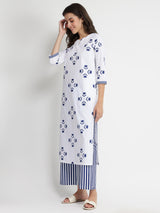 Cotton Floral Motif Kurta Set - Blue & White