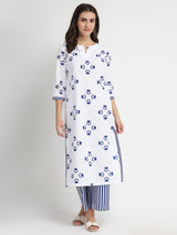 Cotton Floral Motif Kurta Set - Blue & White
