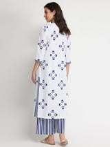 Cotton Floral Motif Kurta Set - Blue & White