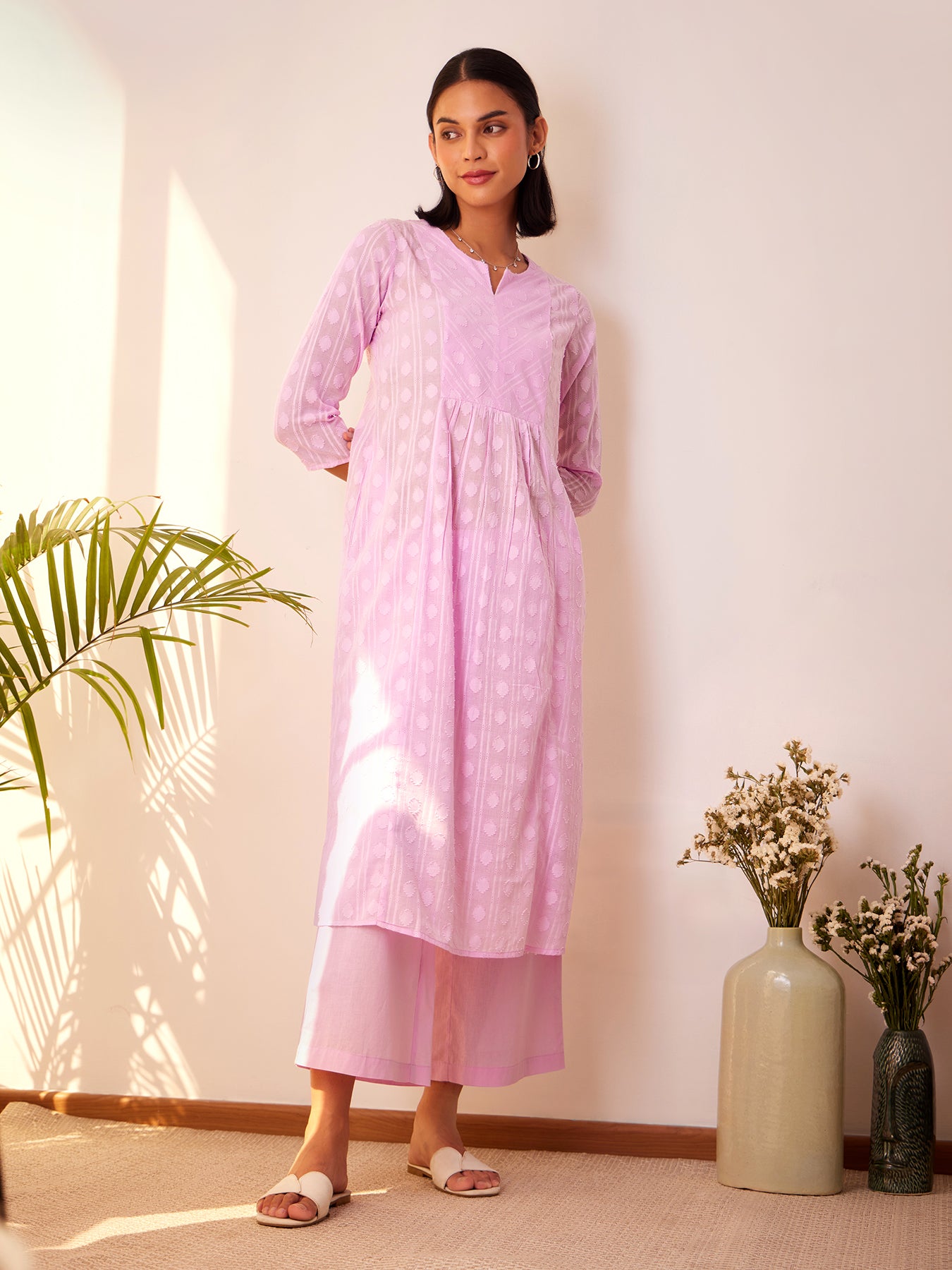 Cotton Jacquard Kurta Set - Purple
