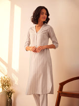 Cotton Lurex Striped Kurta Set - Grey