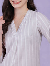 Cotton Lurex Striped Kurta Set - Grey