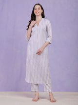 Cotton Lurex Striped Kurta Set - Grey