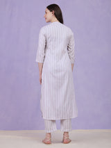 Cotton Lurex Striped Kurta Set - Grey