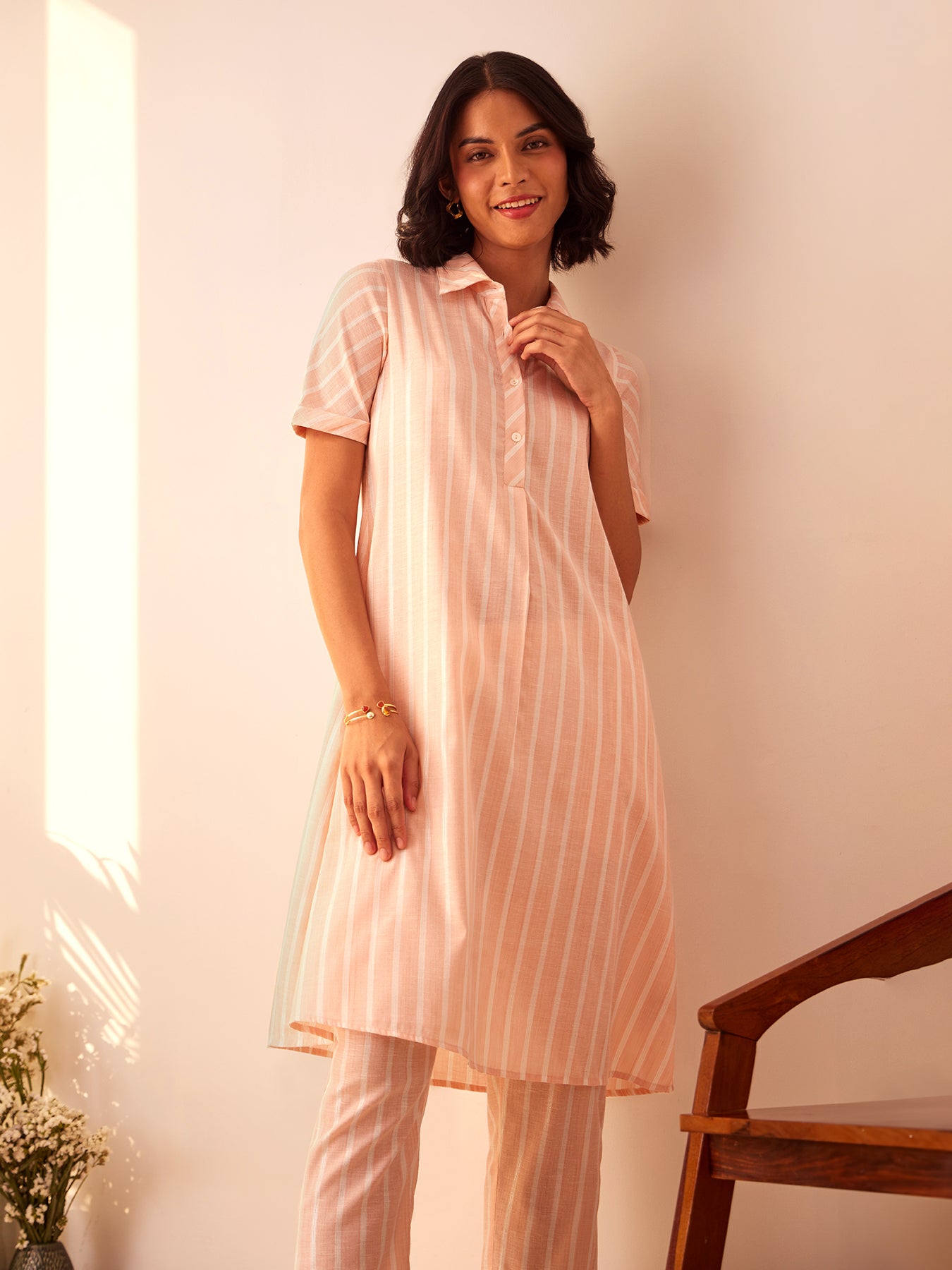 Cotton Lurex Striped Kurta Set - Pink