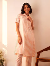 Cotton Lurex Striped Kurta Set - Pink