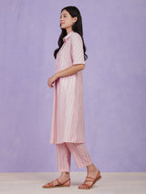 Cotton Lurex Striped Kurta Set - Pink