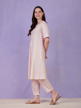 Cotton Striped Kurta Set - Pink & White