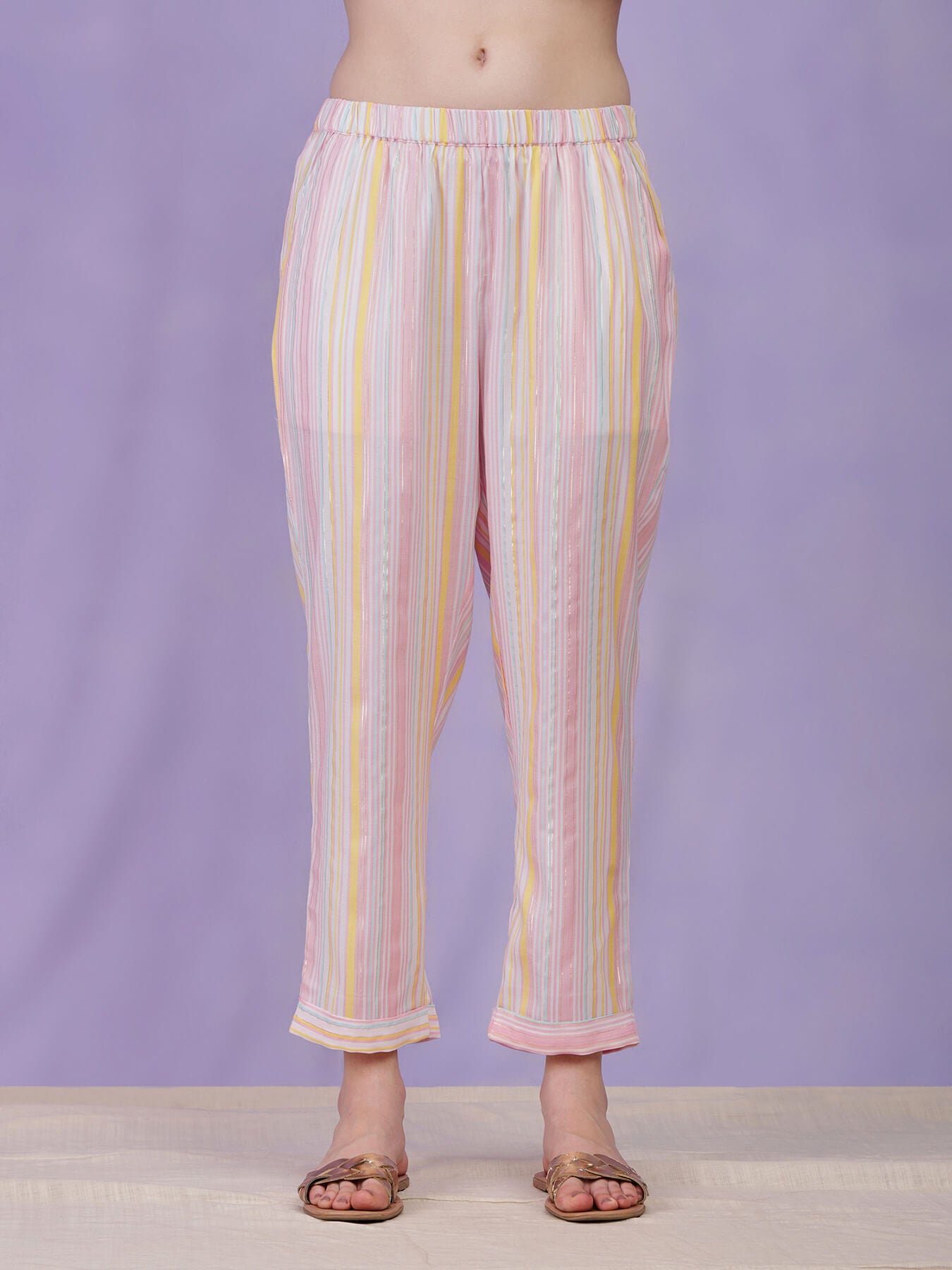 Cotton Striped Kurta Set - Pink & White