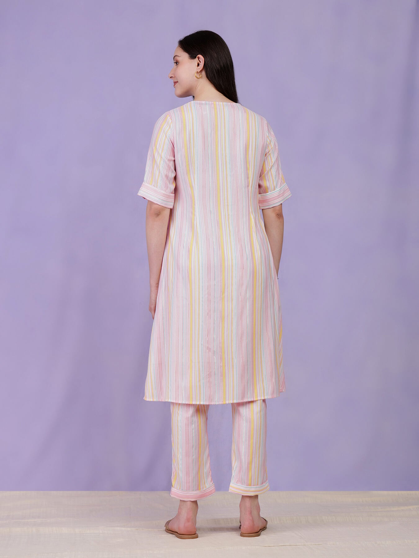 Cotton Striped Kurta Set - Pink & White