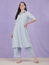 Cotton Jacquard Floral Kurta Set - Light Blue