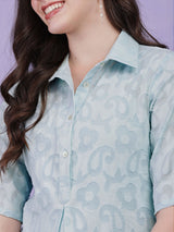 Cotton Jacquard Floral Kurta Set - Light Blue