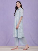 Cotton Jacquard Floral Kurta Set - Light Blue