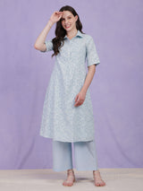 Cotton Jacquard Floral Kurta Set - Light Blue