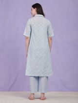 Cotton Jacquard Floral Kurta Set - Light Blue