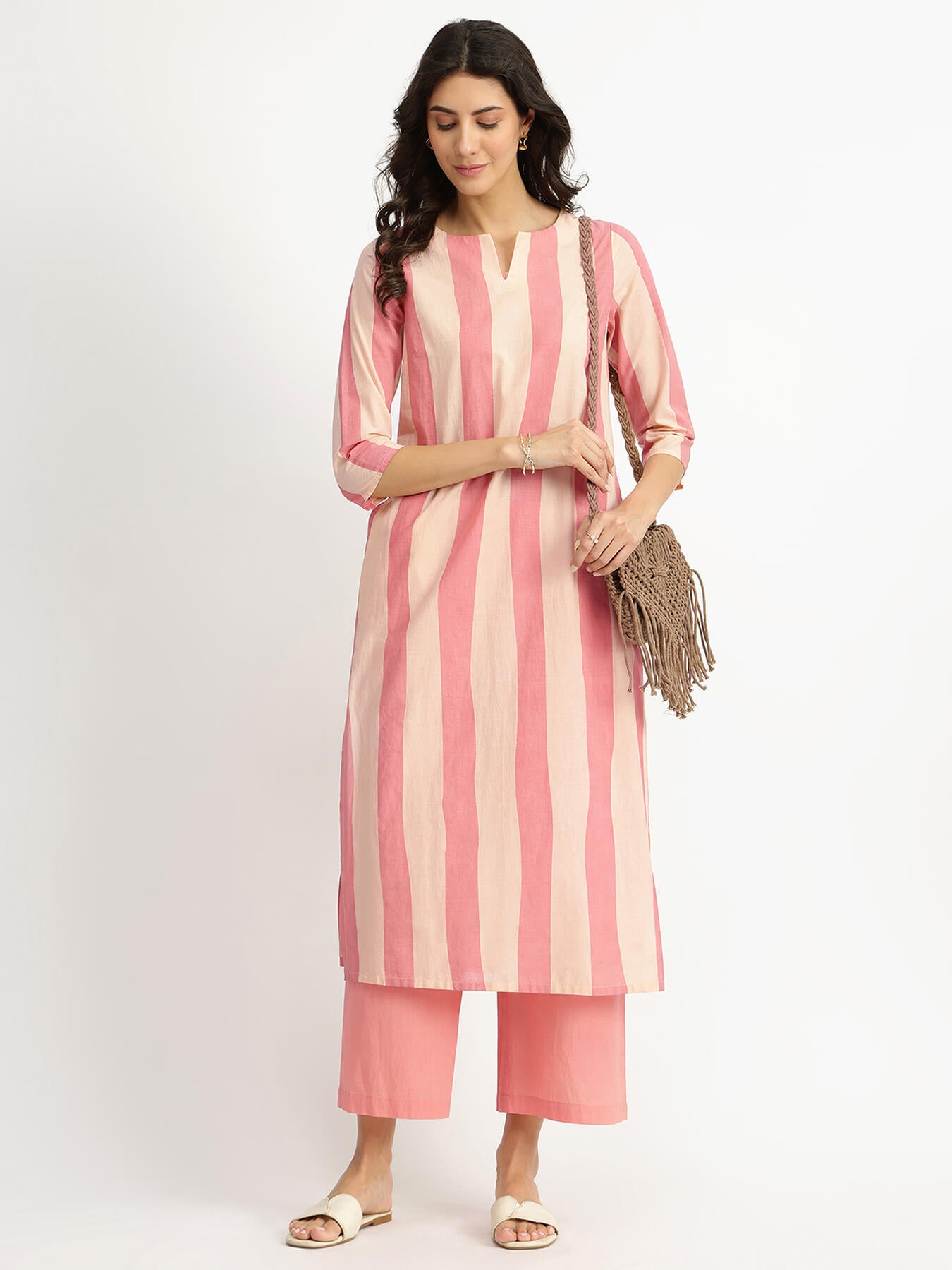 Cotton Striped Kurta Set - Peach & White