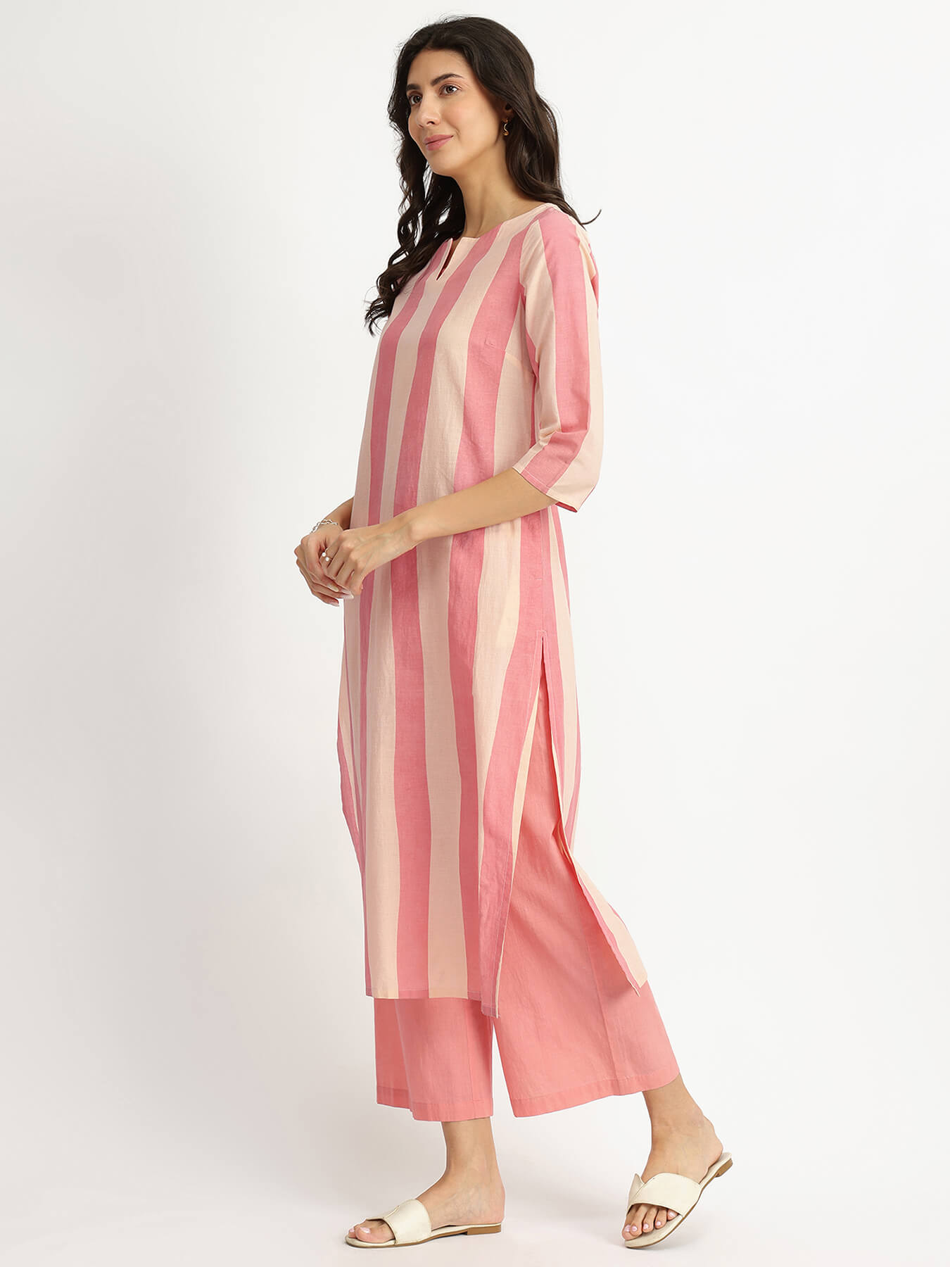 Cotton Striped Kurta Set - Peach & White