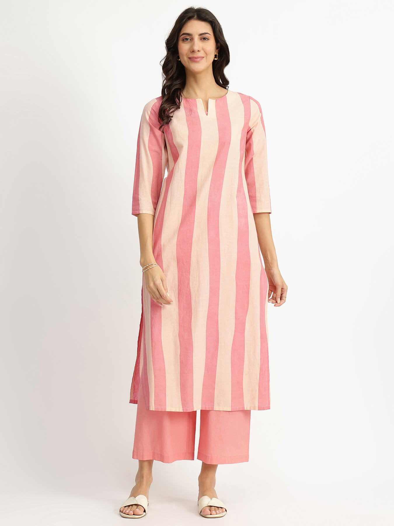 Cotton Striped Kurta Set - Peach & White