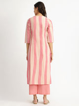 Cotton Striped Kurta Set - Peach & White