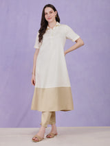 Colourblock A-Line Kurta Set - Cream & Beige