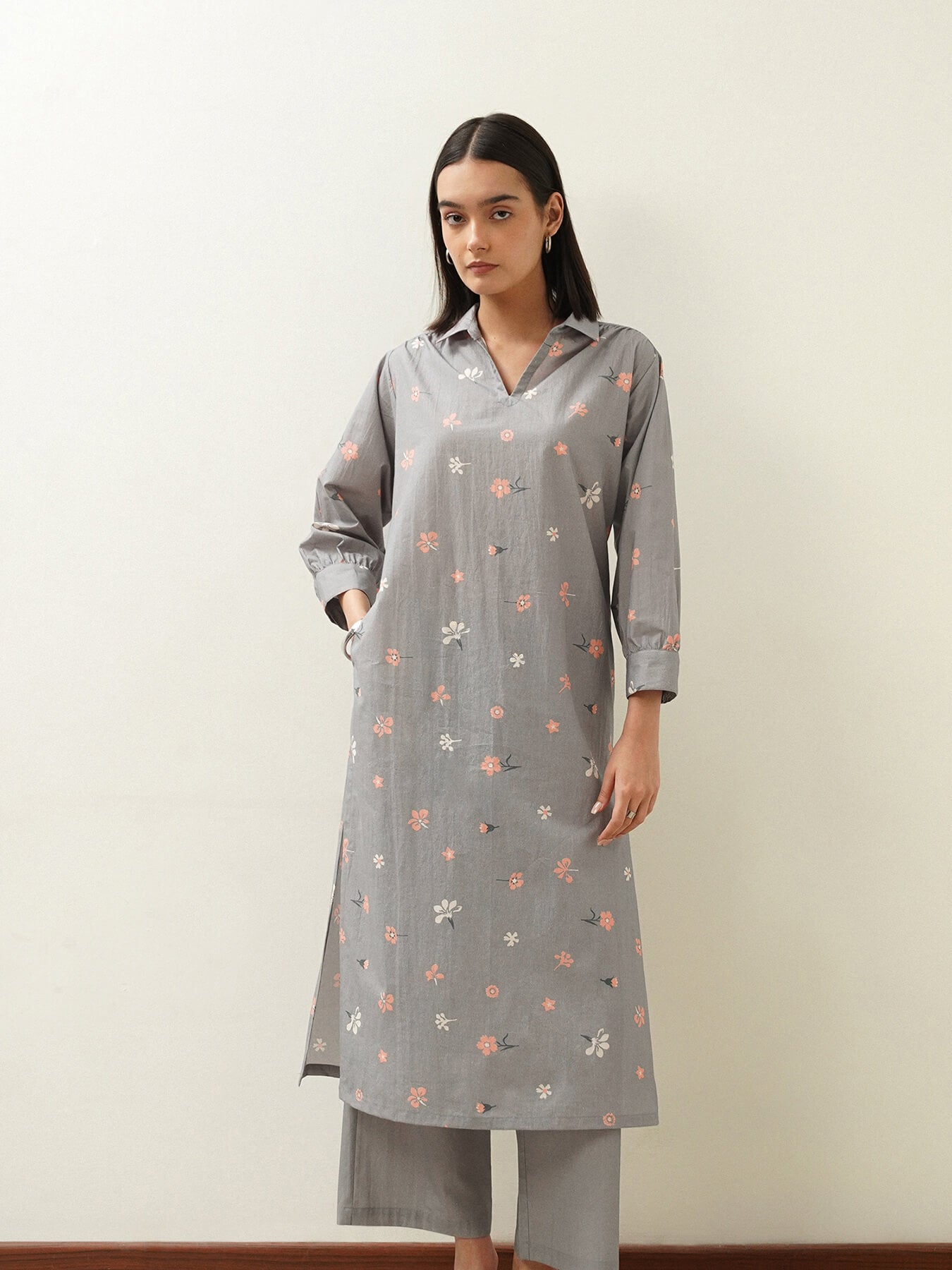 Cotton Floral Shirt Collar Kurta Set - Grey