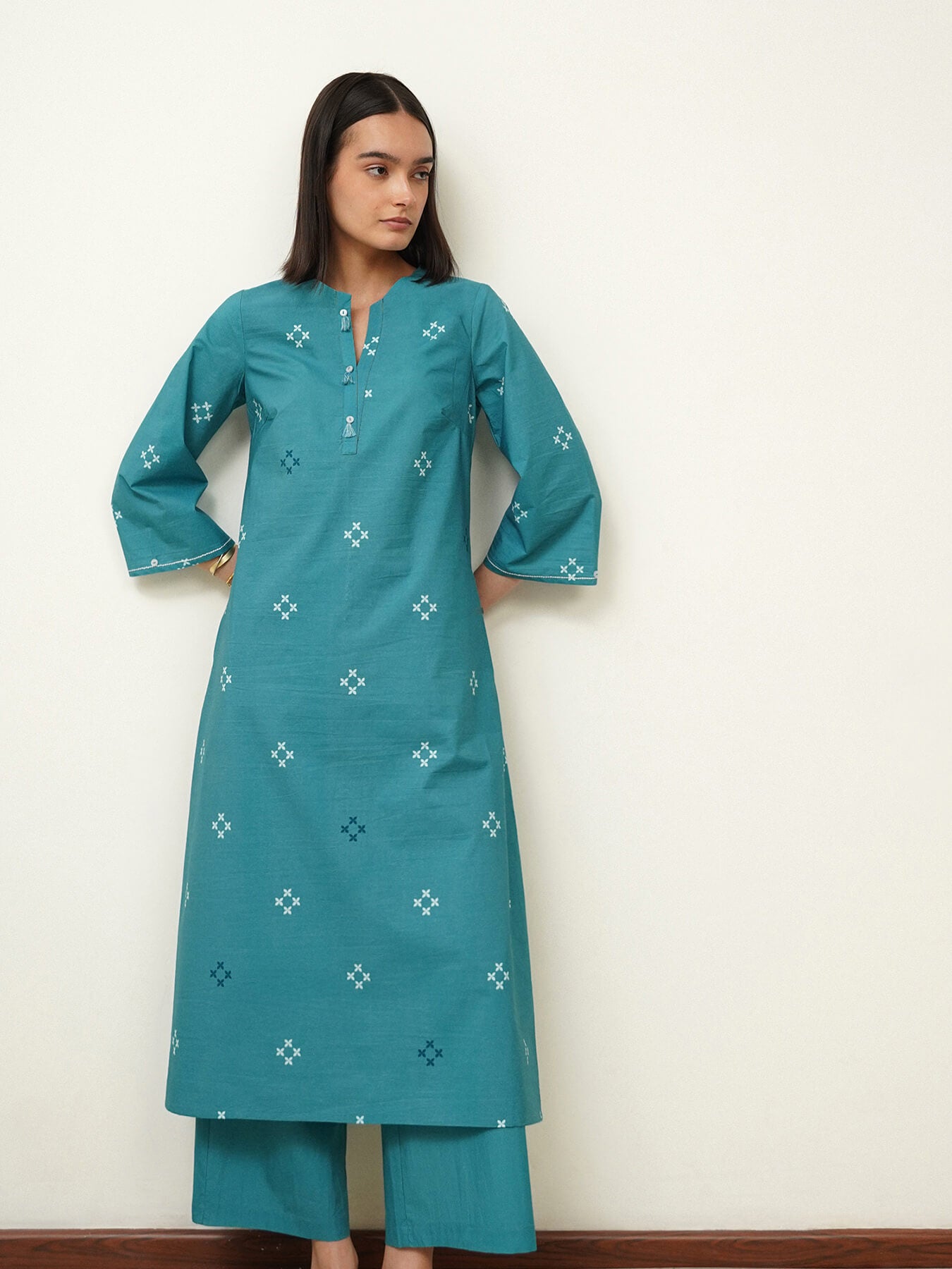 Cotton A-Line Round Neck Kurta Set - Teal
