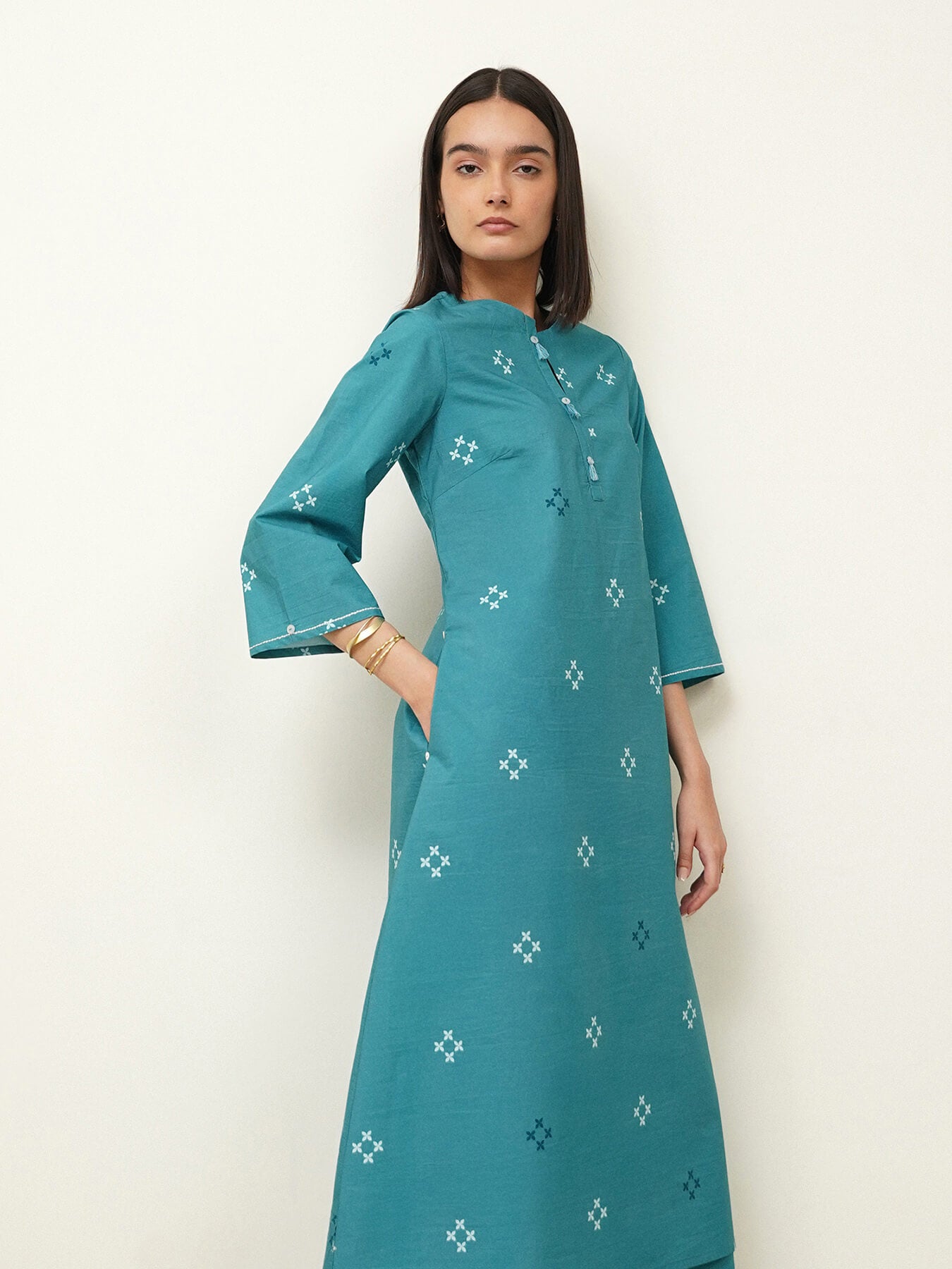 Cotton A-Line Round Neck Kurta Set - Teal