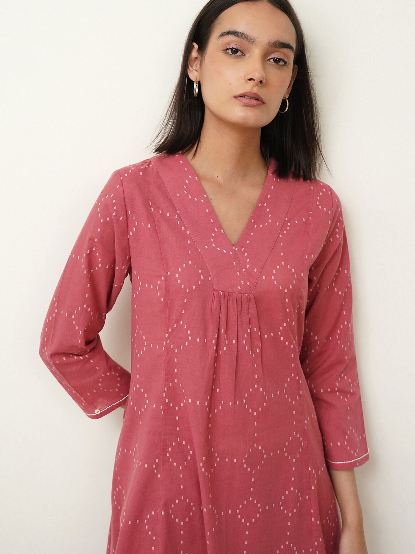 Cotton Ikat V-Neck Kurta Set - Pink