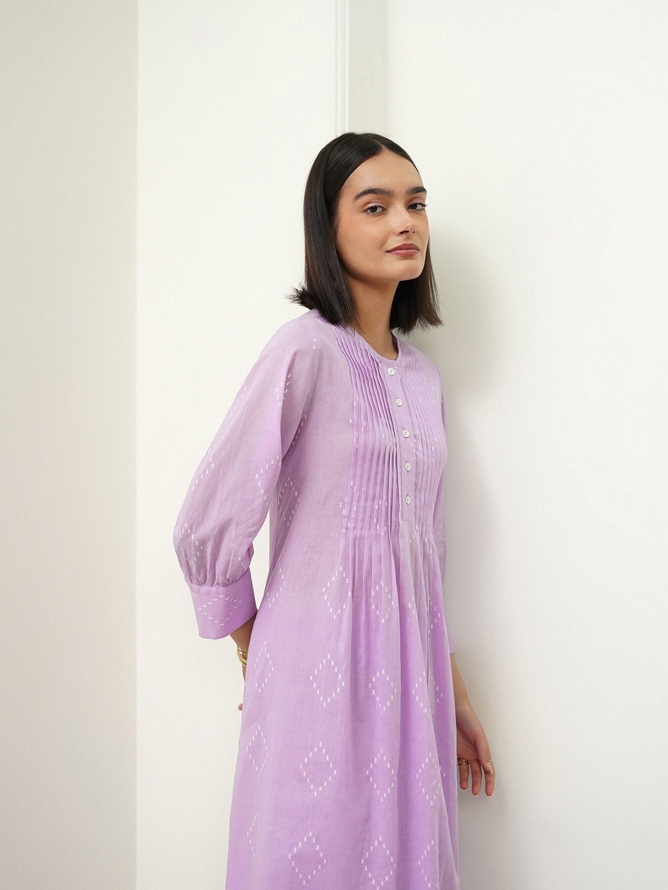 Cotton Geometric Round Neck Kurta Set - Purple