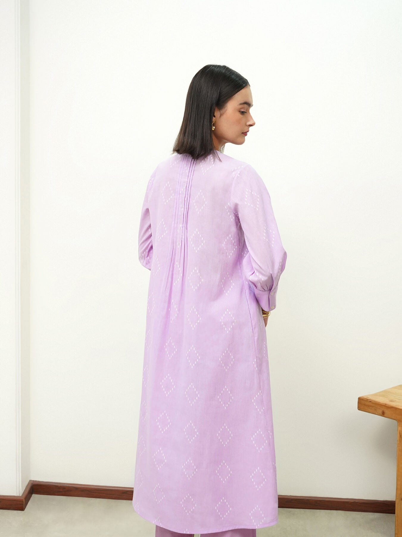Cotton Geometric Round Neck Kurta Set - Purple