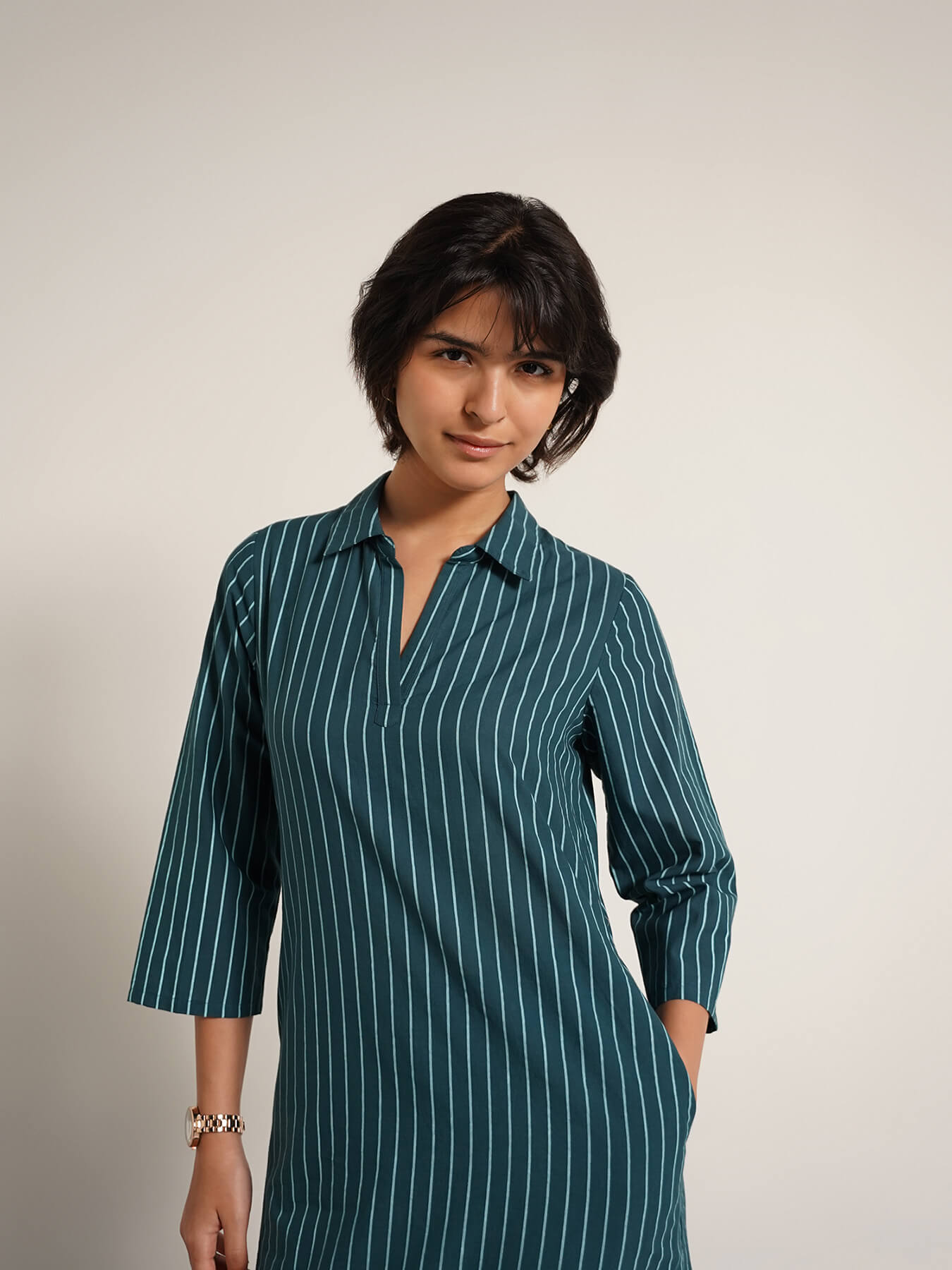 Cotton Striped A-Line Kurta Set - Teal
