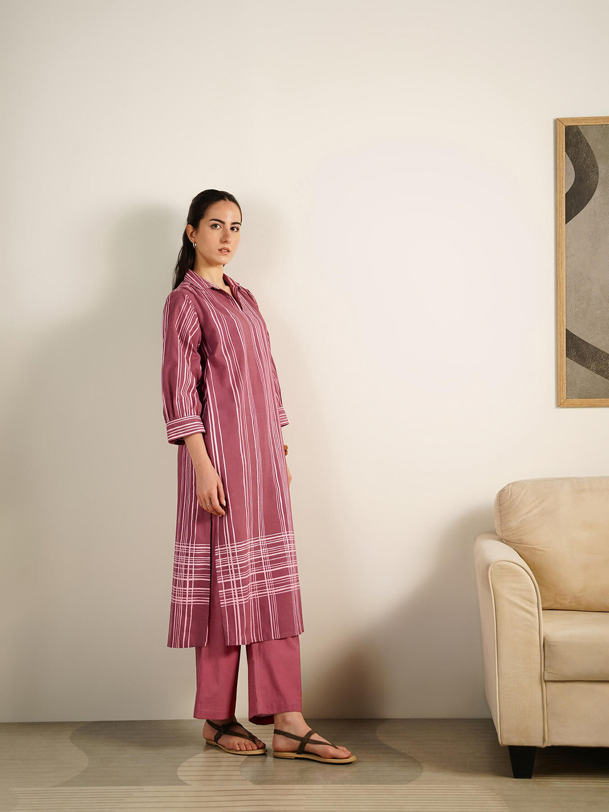 Cotton Striped Shirt Collar Kurta Set - Red