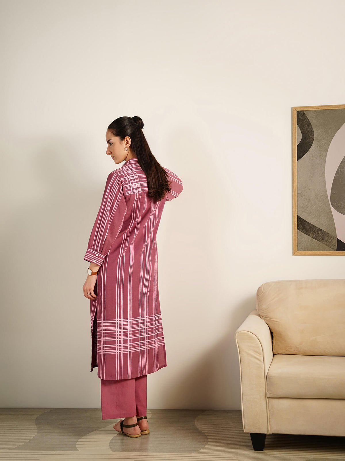 Cotton Striped Shirt Collar Kurta Set - Red