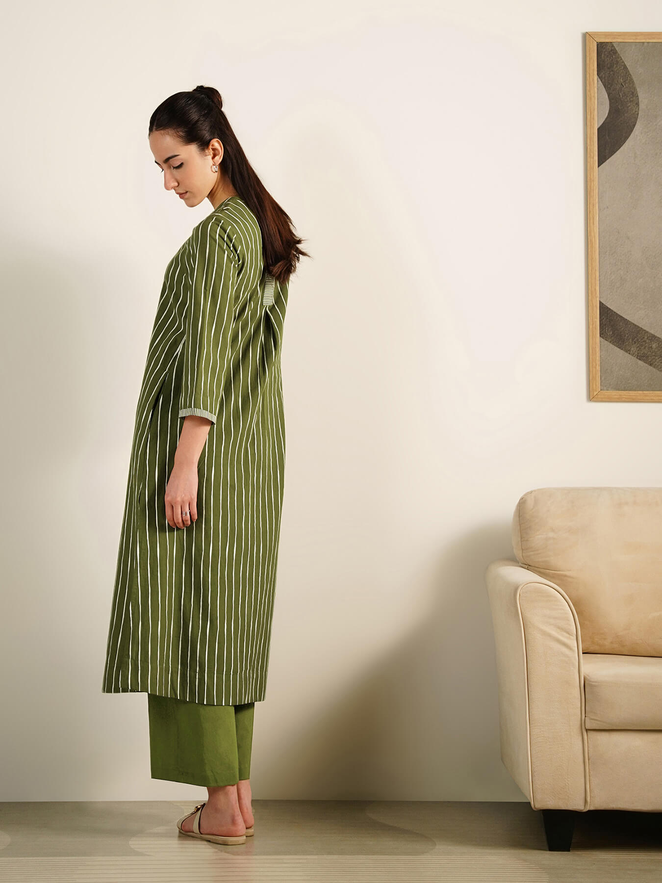 Cotton Striped A-Line Kurta Set - Olive