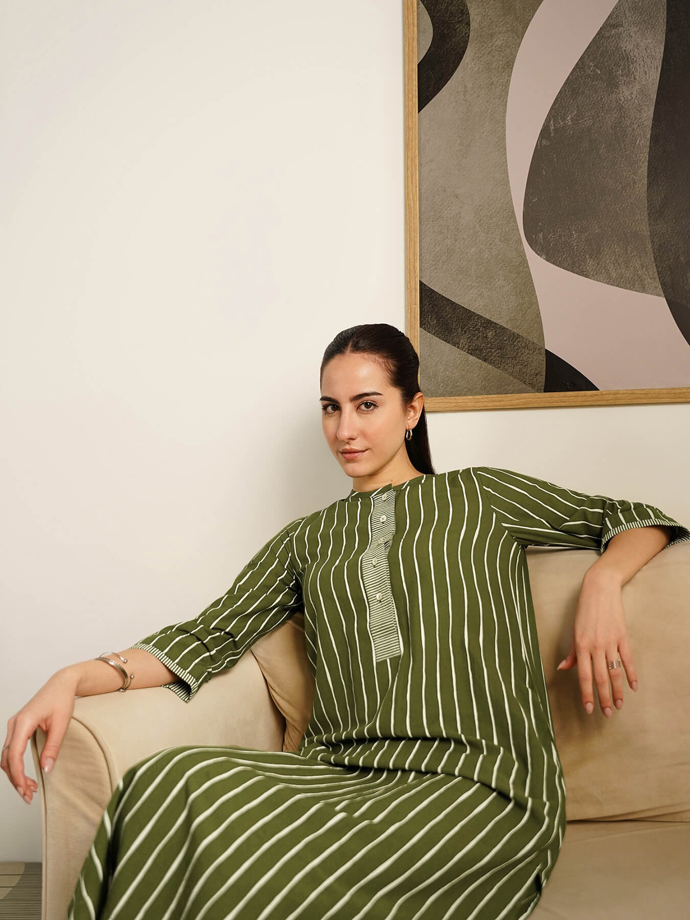 Cotton Striped A-Line Kurta Set - Olive