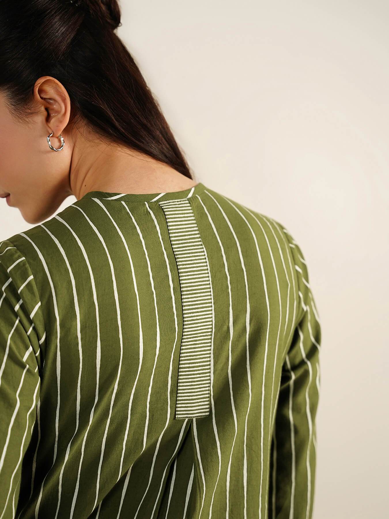 Cotton Striped A-Line Kurta Set - Olive