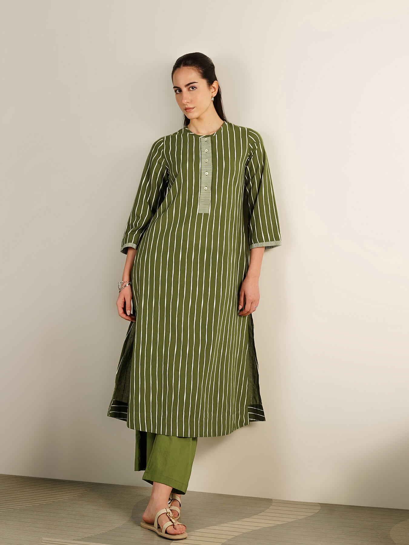 Cotton Striped A-Line Kurta Set - Olive