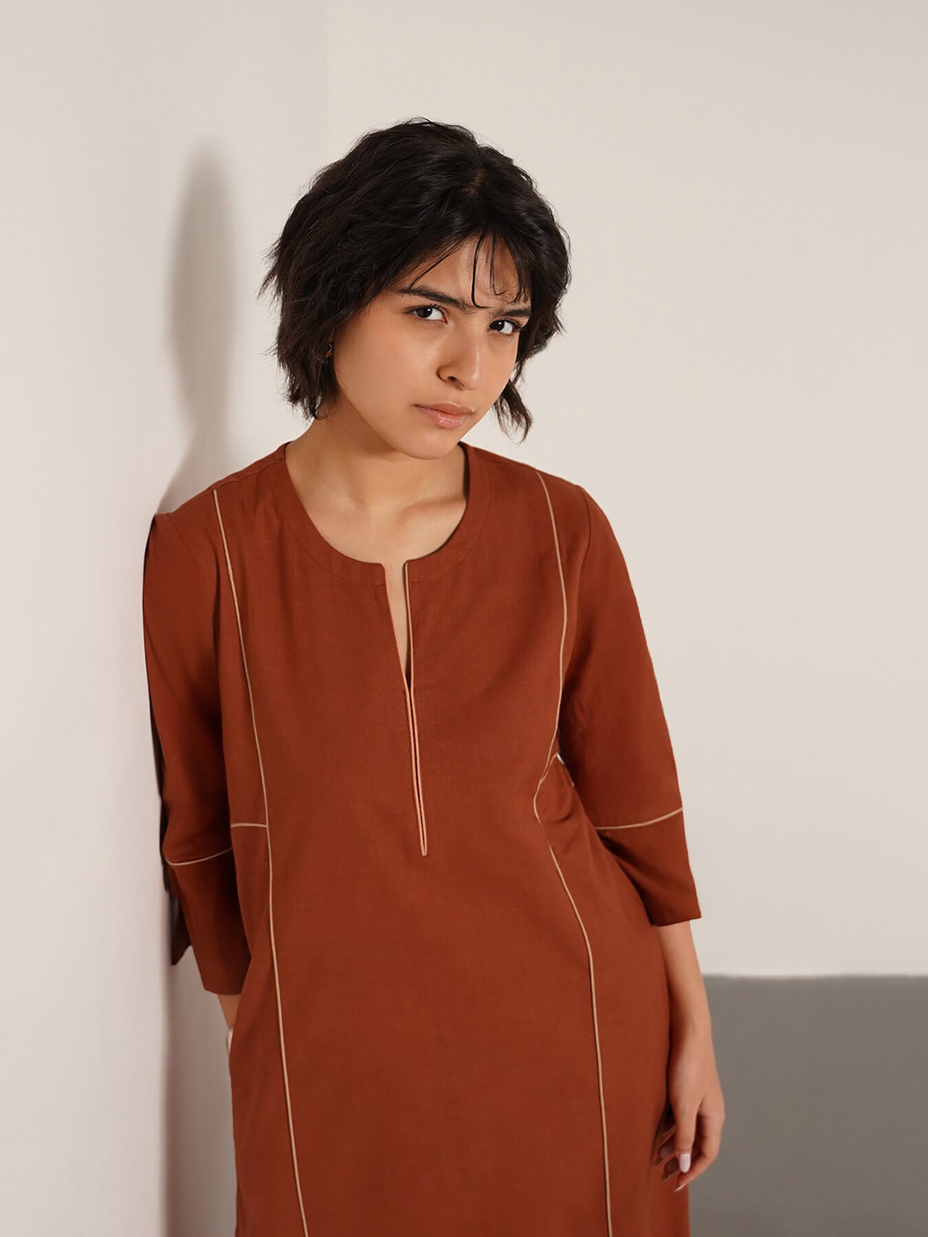 Cotton Colourblock A-Line Kurta Set - Rust