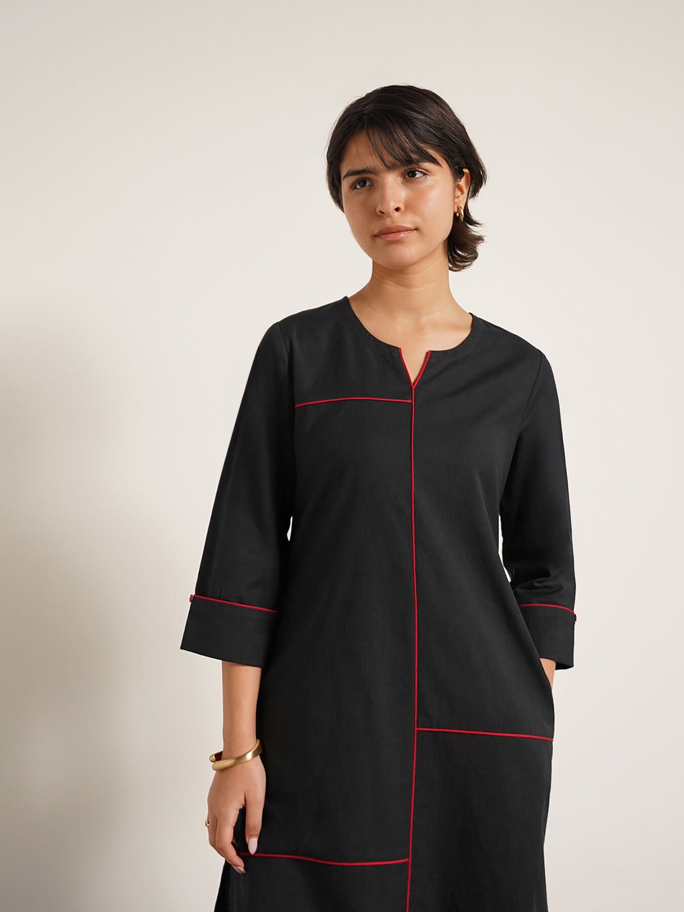 Cotton Colourblock Round Neck Kurta Set - Black
