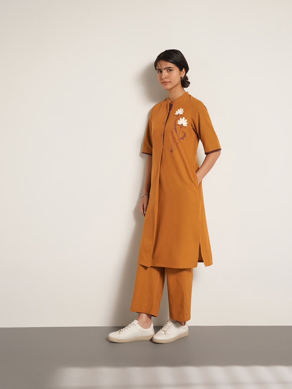 Cotton Placement Geometric Print Kurta Set - Mustard