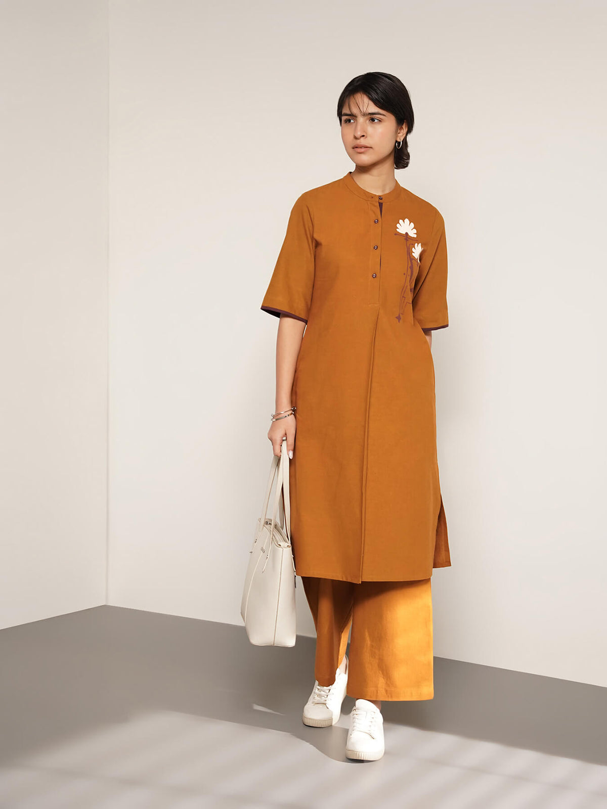 Cotton Placement Geometric Print Kurta Set - Mustard