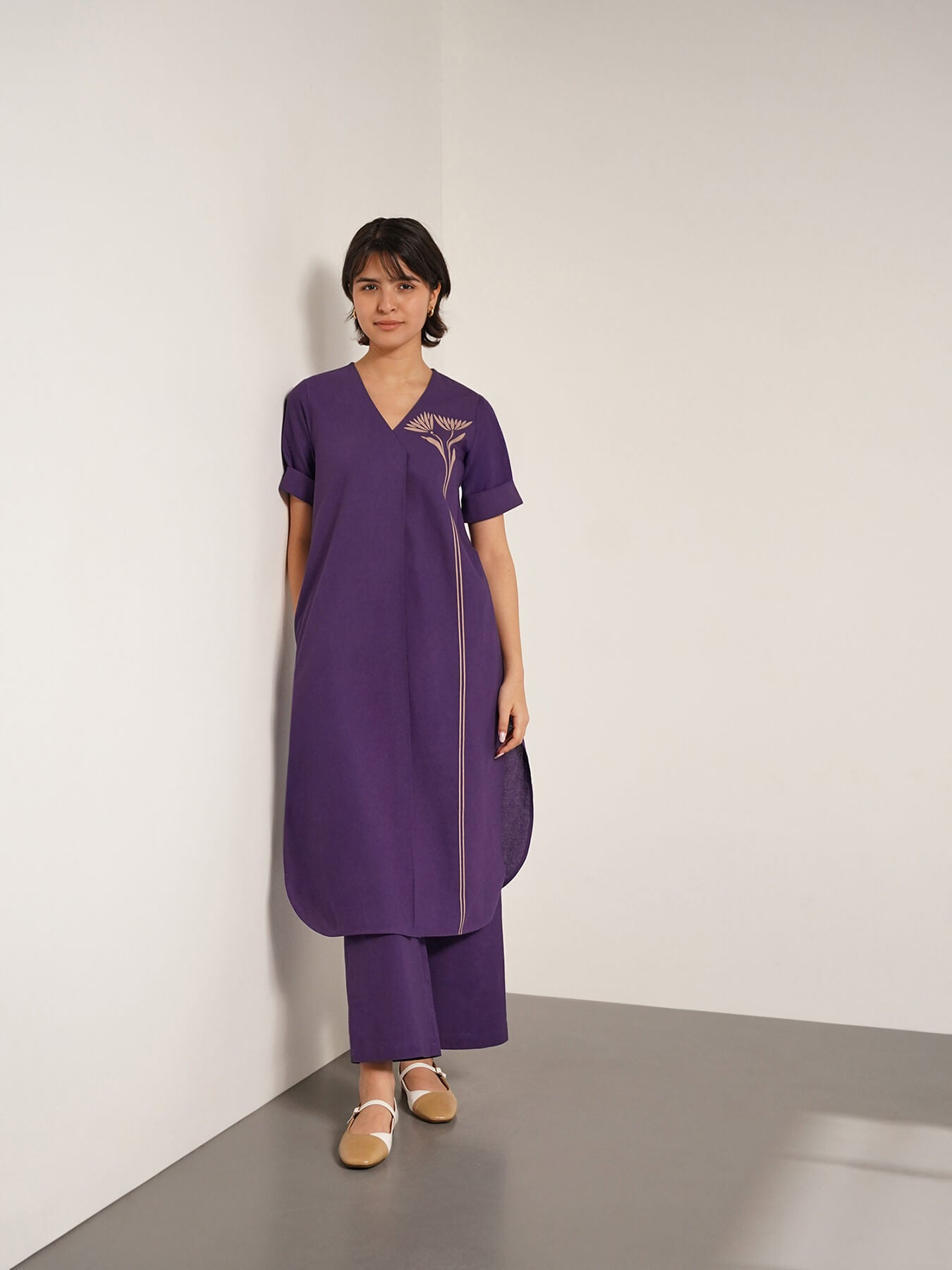 Cotton Placement Geometric Print Kurta Set - Purple