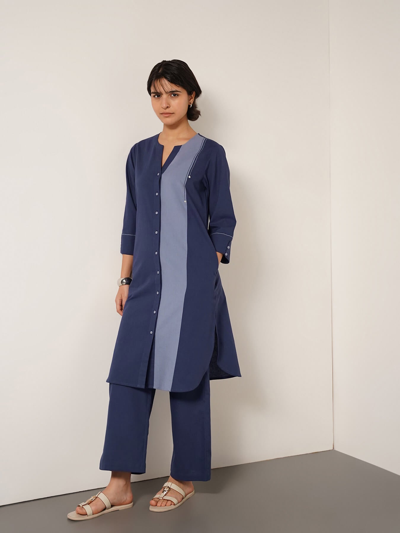 Cotton Colourblock A-Line Kurta Set - Blue
