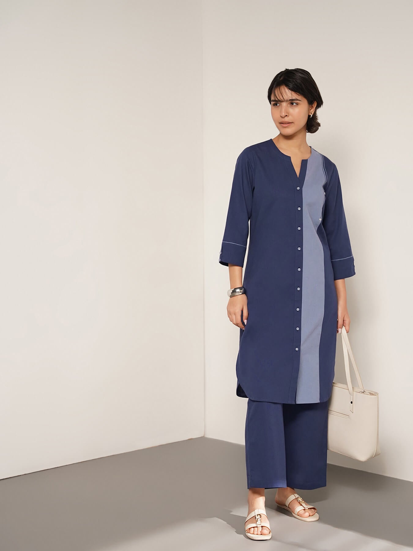 Cotton Colourblock A-Line Kurta Set - Blue