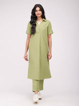 Cotton Solid Pleated Kurta Set - Green