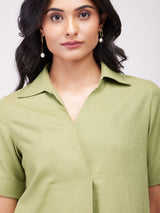 Cotton Solid Pleated Kurta Set - Green