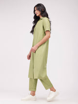 Cotton Solid Pleated Kurta Set - Green