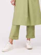 Cotton Solid Pleated Kurta Set - Green