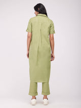 Cotton Solid Pleated Kurta Set - Green